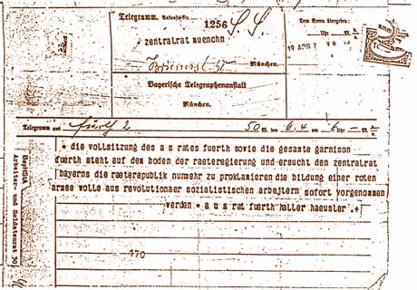Telegramm des Fuerther Arbeiter- und Soldatenrates vom 6. April 1919
